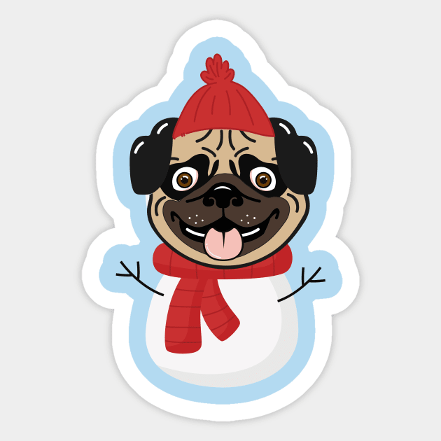 Snowpug (Snowman Pug) Dog Head with Winter Clothes Sticker by Seasonal Dogs